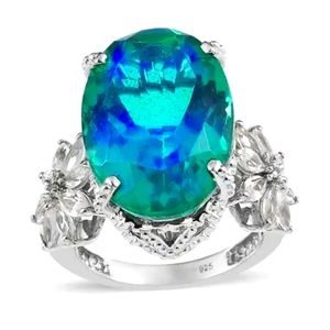 NWT PEACOCK QUARTZ & WHITE ZIRCON RING IN PLATINUM OVER STERLING SILVER SZ 7.0